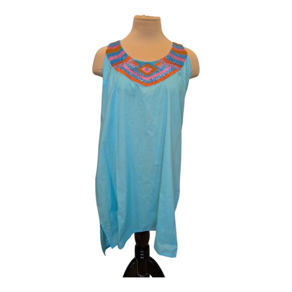 Mud Pie Beach Dress Cover Turquoise Beading 100% Cotton Size Small Pool Coastal - Picture 4 of 12